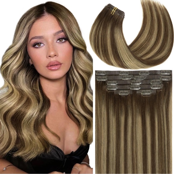 HUMAN HAIR 22” Clip Ins 110g 7PCS Highlight Warm Brown to Dark Caramel Blonde - Picture 3 of 7
